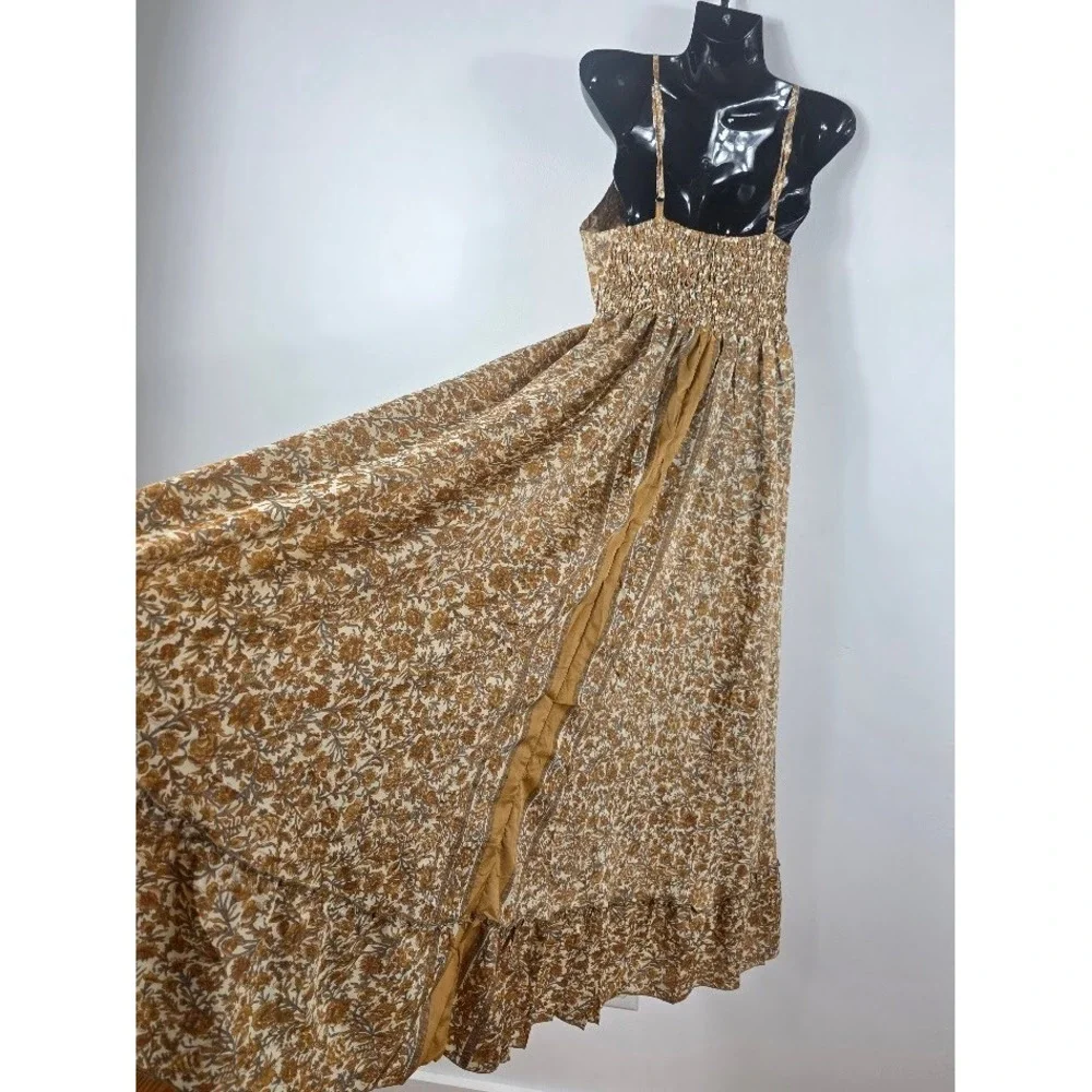 Silk Halter Maxi Dress Womens OS Brown Gray Floral Boho Ruffle Summer Sundress